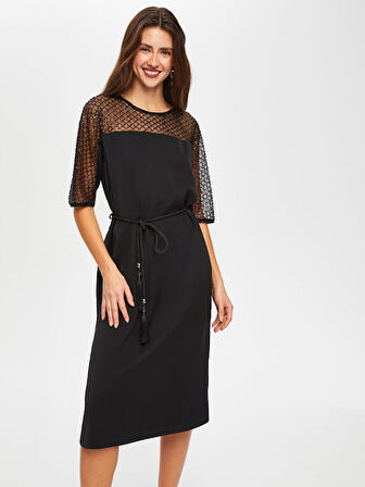 Boncuk Payet Garnili 3/4 Kol Kemerli Abiye Elbise 020