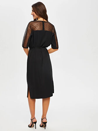 Boncuk Payet Garnili 3/4 Kol Kemerli Abiye Elbise 020