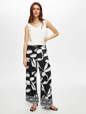 Paçası Sulu Monochrome Desen Wıde Leg Fıt Pantolon 007