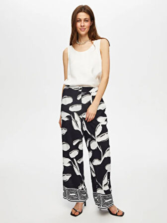 Paçası Sulu Monochrome Desen Wıde Leg Fıt Pantolon 007