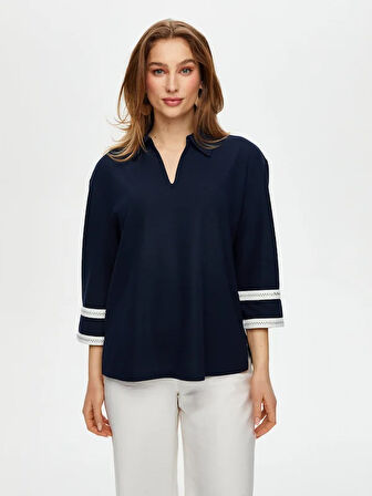Zigzag Şeritli Polo Yaka Örme Bluz S25BLZ004