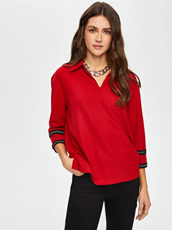 Zigzag Şeritli Polo Yaka Örme Bluz 004