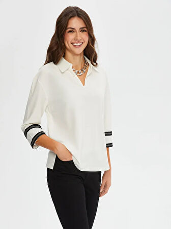 Zigzag Şeritli Polo Yaka Örme Bluz 004