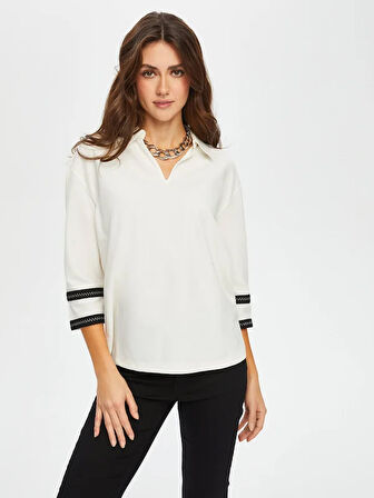 Zigzag Şeritli Polo Yaka Örme Bluz 004