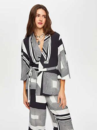 Monochrome Çizgili Desen Kimono 003