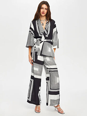 Monochrome Çizgili Desen Kimono 003