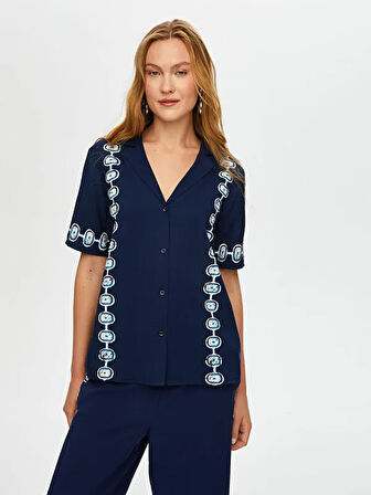 Önü Nazar Boncuğu Baskılı Kısa Kollu Viskon Gömlek S25GML034