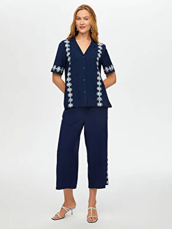 Önü Nazar Boncuğu Baskılı Kısa Kollu Viskon Gömlek S25GML034