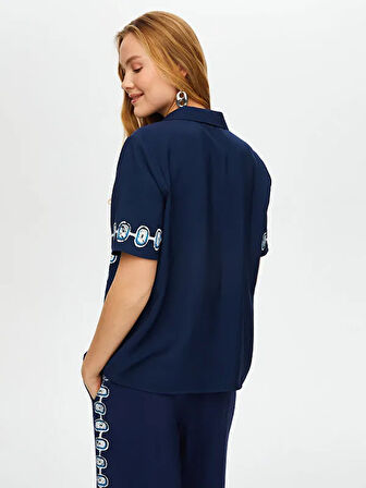 Önü Nazar Boncuğu Baskılı Kısa Kollu Viskon Gömlek S25GML034