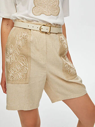 Çiçek Nakış File Detaylı Keten Karışımlı Şort S25SRT003