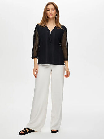 Kolları File Garnili Yarım Fermuarlı Bluz S25BLZ034