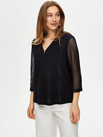 Kolları File Garnili Yarım Fermuarlı Bluz S25BLZ034