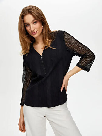 Kolları File Garnili Yarım Fermuarlı Bluz S25BLZ034