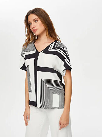 Monochrome Çizgili Desen Arkası Örme Kısa Kol Bluz S25BLZ038