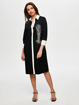 Nakış Detaylı Renk Bloklu Uzun Kollu Örme Elbise S25ELB003