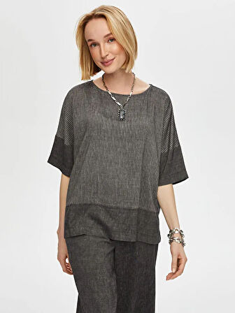 Çizgili Ve Düz Garnili Casual Form Ketenli Bluz S25BLZ032