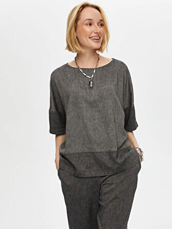 Çizgili Ve Düz Garnili Casual Form Ketenli Bluz S25BLZ032
