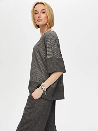 Çizgili Ve Düz Garnili Casual Form Ketenli Bluz S25BLZ032