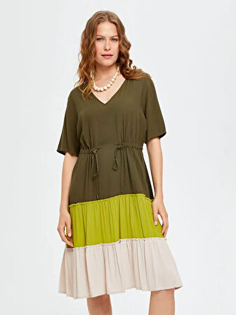 Renk Bloklu Parçalı Etekli Viskon Elbise S25ELB020