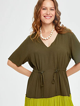 Renk Bloklu Parçalı Etekli Viskon Elbise S25ELB020