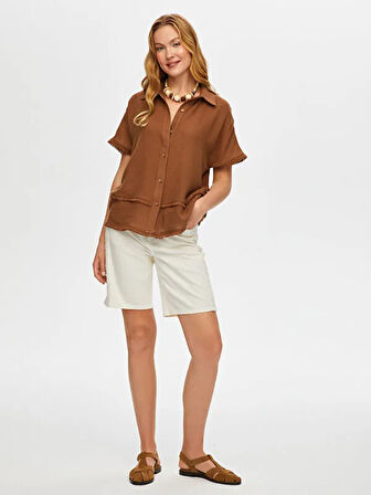 Püskül Şerit Detaylı Kısa Kol Dokulu Kumaştan Gömlek S25GML037