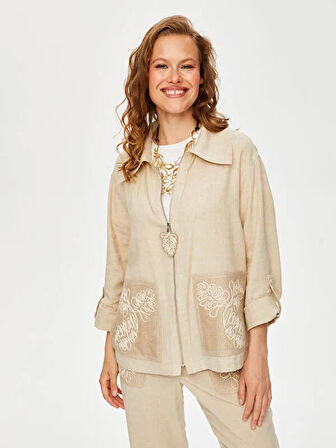 Kordone Nakış Detaylı Fileli Keten Karışımlı Ceket S25CKT031