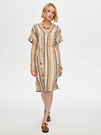 Çizgili Gömlek Yaka Kemerli Keten Karışımlı Elbise S25ELB040