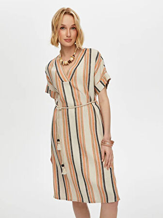 Çizgili Gömlek Yaka Kemerli Keten Karışımlı Elbise S25ELB040