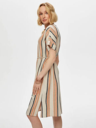 Çizgili Gömlek Yaka Kemerli Keten Karışımlı Elbise S25ELB040