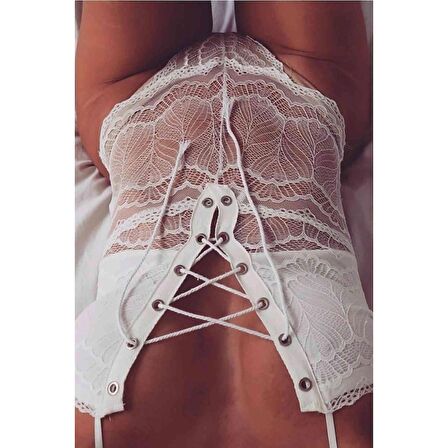 Merry See Dantel İşlemeli Beyaz  Body Gecelik