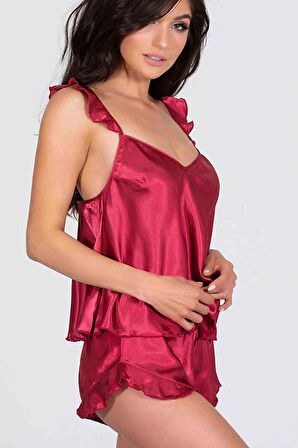 Merry See Saten Şortlu Pijama Takım Kırmızı