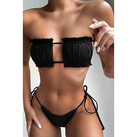 Angelsin Brezilya Model Büzgülü Bağlamalı Bikini Altı Siyah