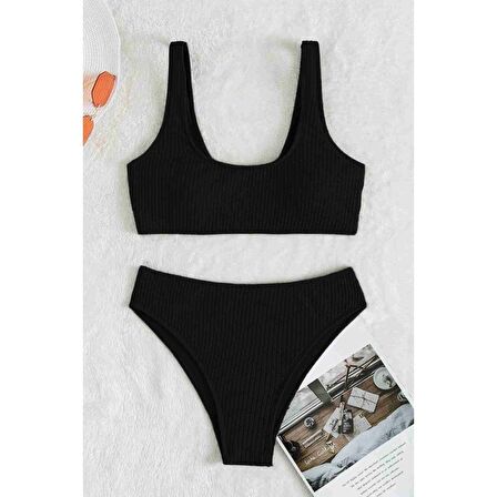 Angelsin Özel Fitilli Kumaş Yüksek Bel Tankini Bikini Takım Siyah