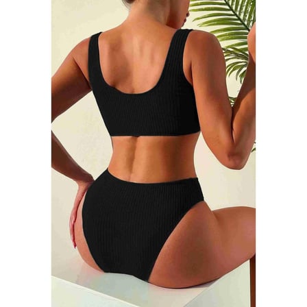 Angelsin Özel Fitilli Kumaş Yüksek Bel Tankini Bikini Takım Siyah
