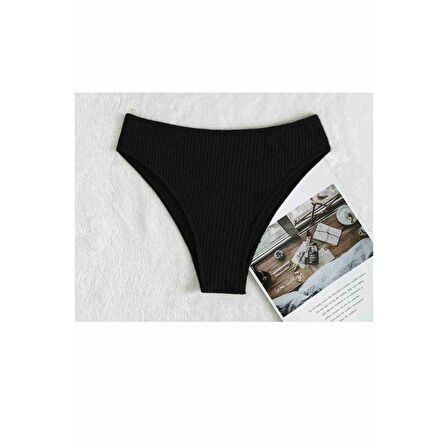 Angelsin Özel Fitilli Kumaş Yüksek Bel Bikini Altı Siyah
