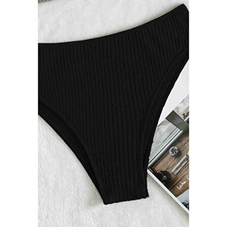 Angelsin Özel Fitilli Kumaş Yüksek Bel Bikini Altı Siyah