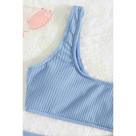 Angelsin Özel Fitilli Kumaş Tankini Bikini Üstü Mavi