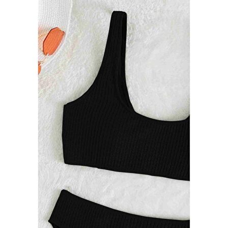 Angelsin Özel Fitilli Kumaş Tankini Bikini Üstü Siyah