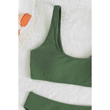 Angelsin Özel Fitilli Kumaş Tankini Bikini Üstü Yeşil