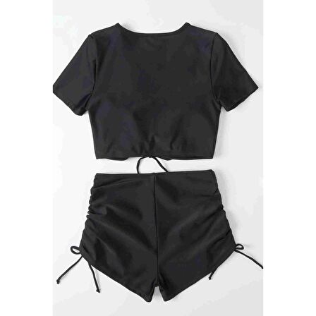 Angelsin Özel tasarım Yarım Kol Büzgü Detaylı Bikini Takım Siyah