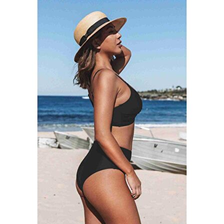 Angelsin Özel Tasarım Önden Çarpraz Bikini Üstü Siyah