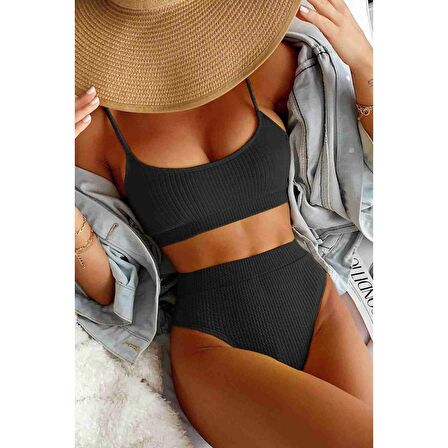 Angelsin Yüksek Bel Özel Kumaş Tankini Bikini Takım Siyah