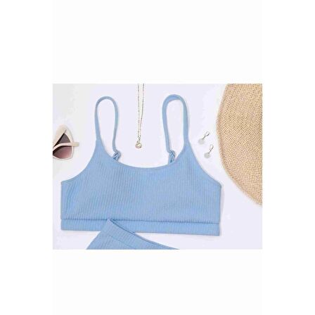 Angelsin Yüksek Bel Özel Kumaş Tankini Bikini Üstü Mavi
