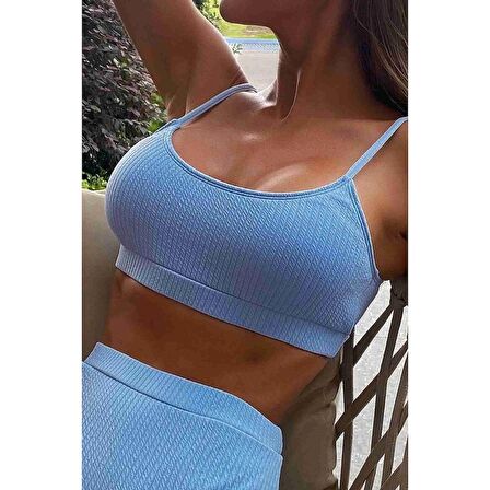 Angelsin Yüksek Bel Özel Kumaş Tankini Bikini Üstü Mavi