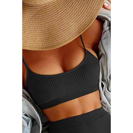 Angelsin Yüksek Bel Özel Kumaş Tankini Bikini Üstü Siyah