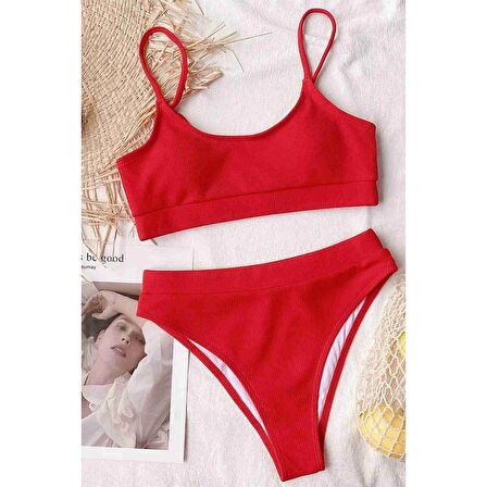 Angelsin Yüksek Bel Fitilli Kumaş Tankini Bikini Takım Kırmızı