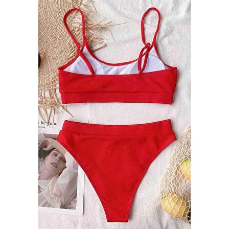 Angelsin Yüksek Bel Fitilli Kumaş Tankini Bikini Takım Kırmızı