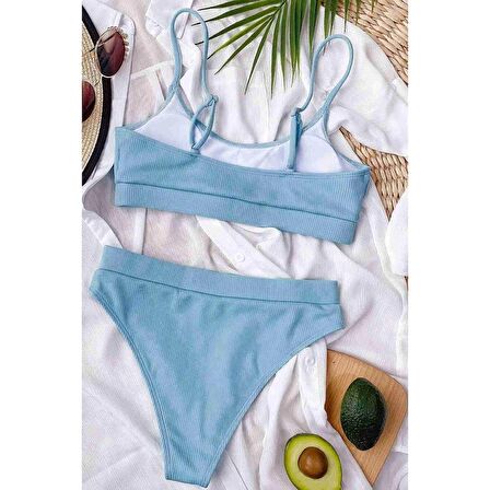 Angelsin Yüksek Bel Fitilli Kumaş Tankini Bikini Takım Mavi