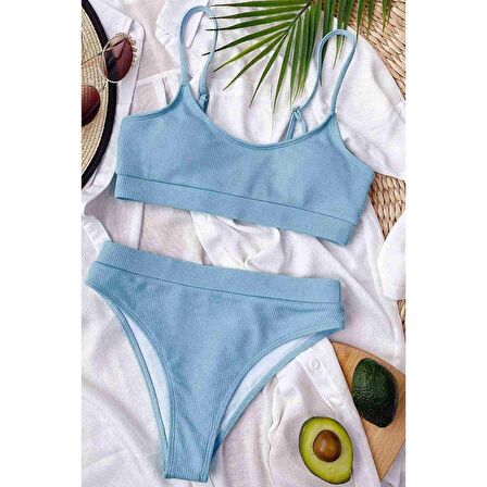 Angelsin Yüksek Bel Fitilli Kumaş Tankini Bikini Takım Mavi