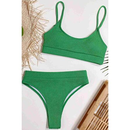 Angelsin Yüksek Bel Fitilli Kumaş Tankini Bikini Takım Yeşil